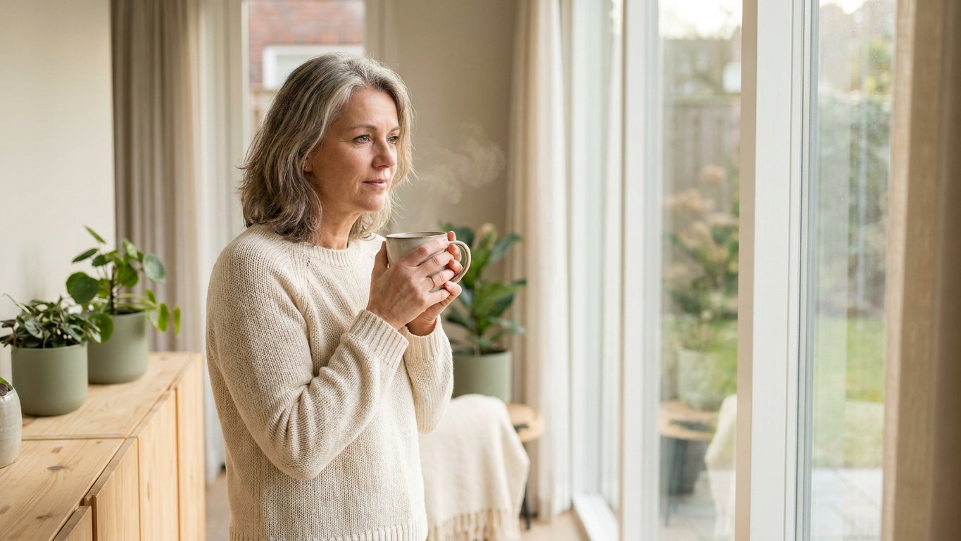Vrouw met kop thee die uit het raam kijkt, moment van rust
