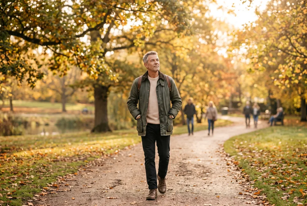 Persoon wandelt alleen over een mistig bospad in de herfst