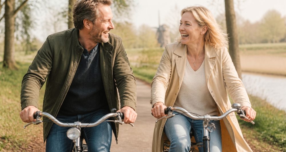 Stel van middelbare leeftijd fietst lachend samen door een Hollands park