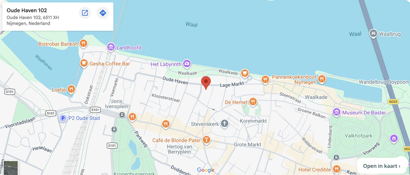 Kaart met de locatie van The Lab of Life aan de Oude Haven 102 in Nijmegen